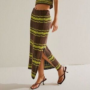 Free People Beach Donna Crochet Knit Women’s Chocolate Midi Striped Skirt Sz L